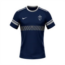 A modern soccer jersey design featuring a dark blue base with accentuating silver elements