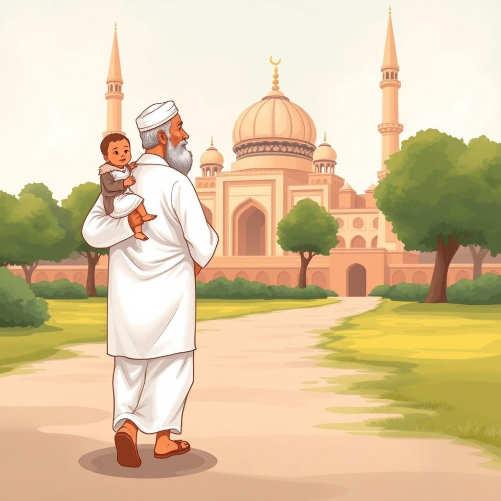 A grandfather wearing a white shalwar qameez walking towards a mosque, holding a child dressed in traditional Muslim clothing