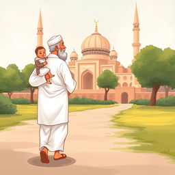 A grandfather wearing a white shalwar qameez walking towards a mosque, holding a child dressed in traditional Muslim clothing