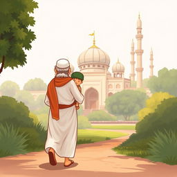 A grandfather wearing a white shalwar qameez walking towards a mosque, holding a child dressed in traditional Muslim clothing