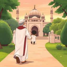 A grandfather wearing a white shalwar qameez walking towards a mosque, holding a child dressed in traditional Muslim clothing