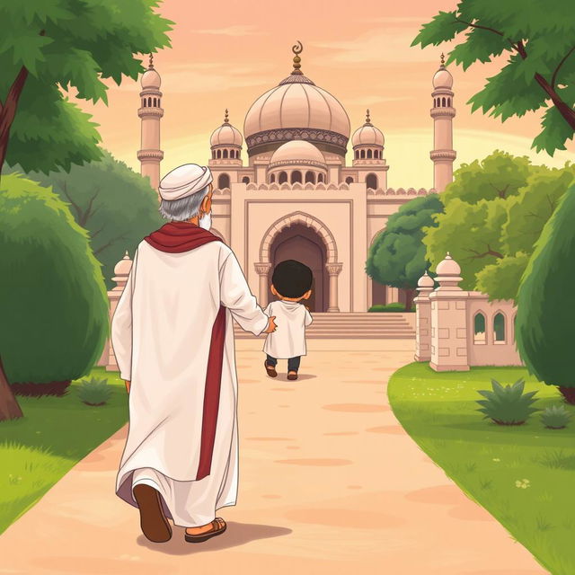 A grandfather wearing a white shalwar qameez walking towards a mosque, holding a child dressed in traditional Muslim clothing