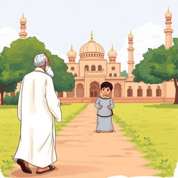 A grandfather wearing a white shalwar qameez walking towards a mosque, holding a child dressed in traditional Muslim clothing