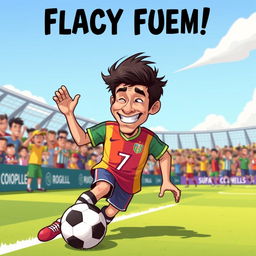 A humorous and lighthearted illustration of a soccer player resembling a famous athlete with a playful, exaggerated facial expression, wearing a vibrant, colorful jersey with the number 7