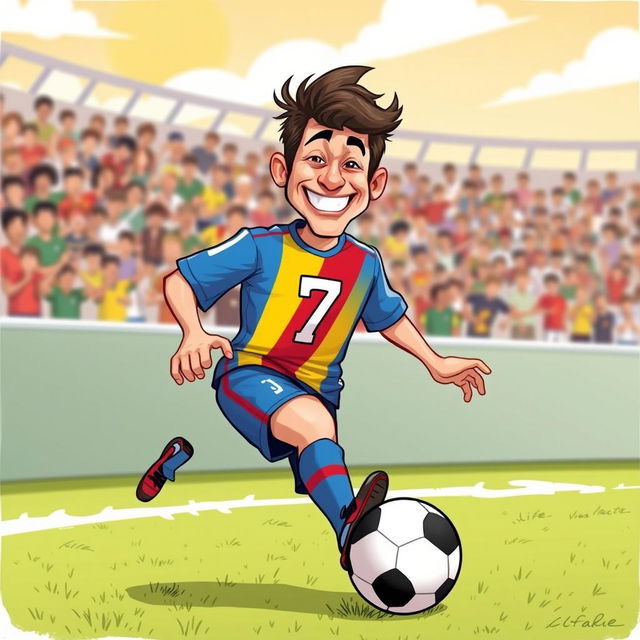 A humorous and lighthearted illustration of a soccer player resembling a famous athlete with a playful, exaggerated facial expression, wearing a vibrant, colorful jersey with the number 7