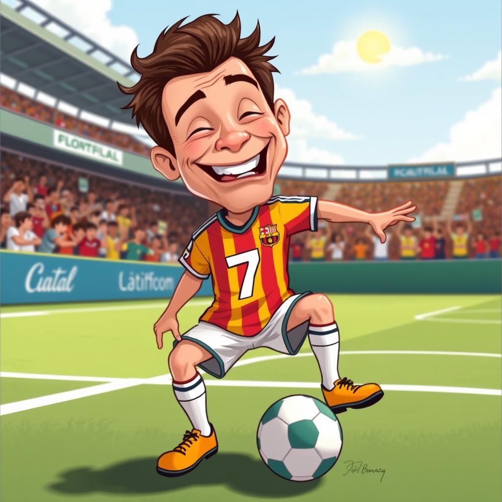 A humorous and lighthearted illustration of a soccer player resembling a famous athlete with a playful, exaggerated facial expression, wearing a vibrant, colorful jersey with the number 7