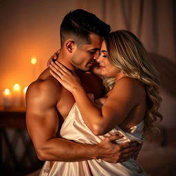 A sensual scene featuring an attractive couple embracing passionately in a romantic setting