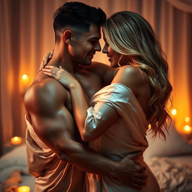 A sensual scene featuring an attractive couple embracing passionately in a romantic setting