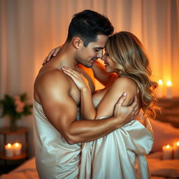 A sensual scene featuring an attractive couple embracing passionately in a romantic setting