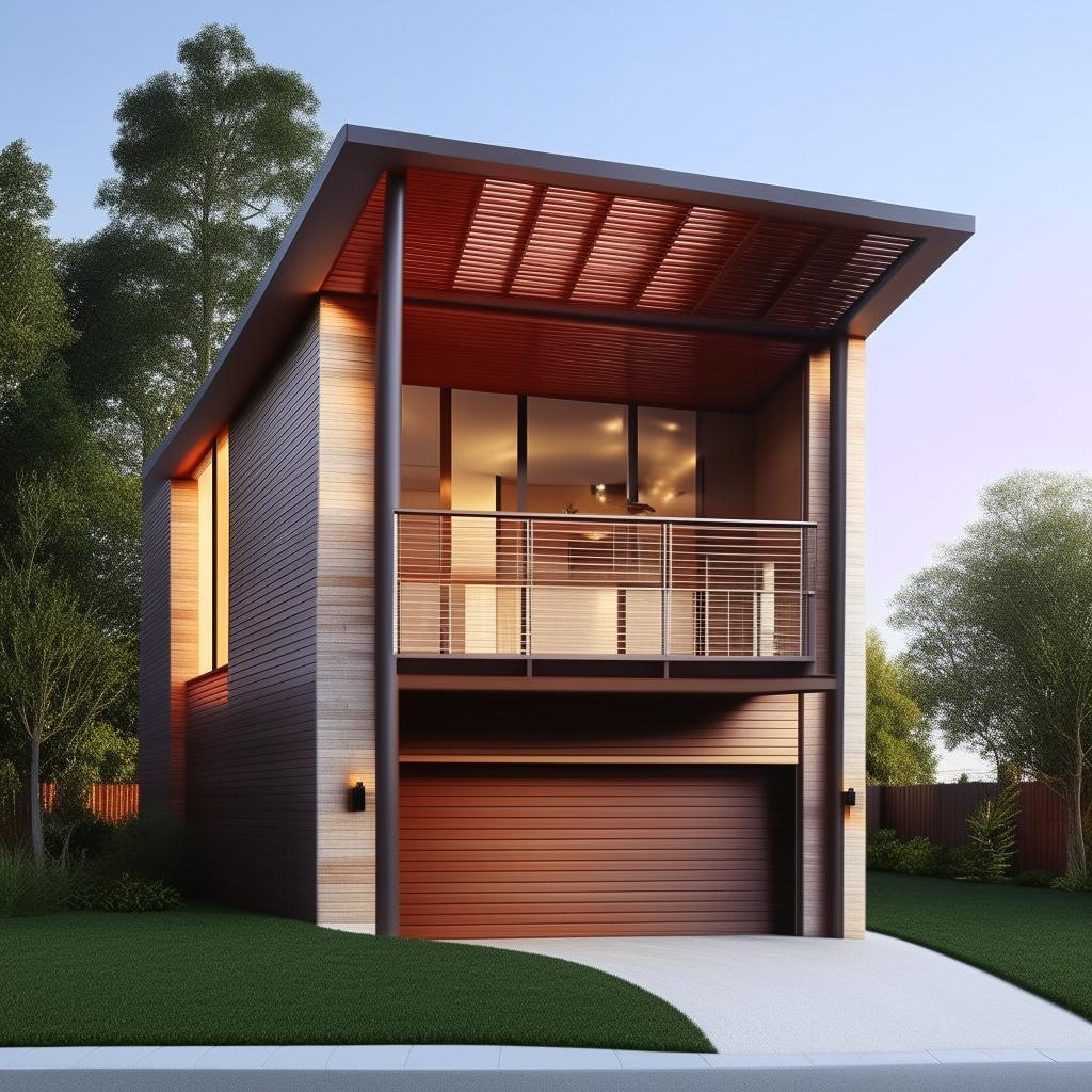 Create an image of a striking three-story building on a 60ft x 30ft plot. The building features a beautifully designed right-sided garage which includes an interior staircase.