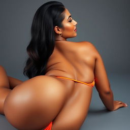 A stunning Latina model with a curvy figure lying confidently on her stomach