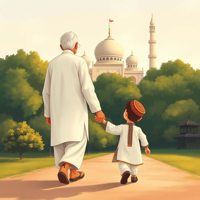 A charming cartoon illustration of a grandfather wearing a traditional white shalwar qameez, walking gracefully towards a mosque