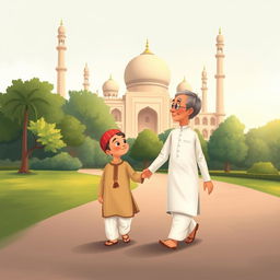 A charming cartoon illustration of a grandfather wearing a traditional white shalwar qameez, walking gracefully towards a mosque