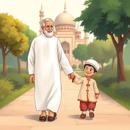A charming cartoon illustration of a grandfather wearing a traditional white shalwar qameez, walking gracefully towards a mosque