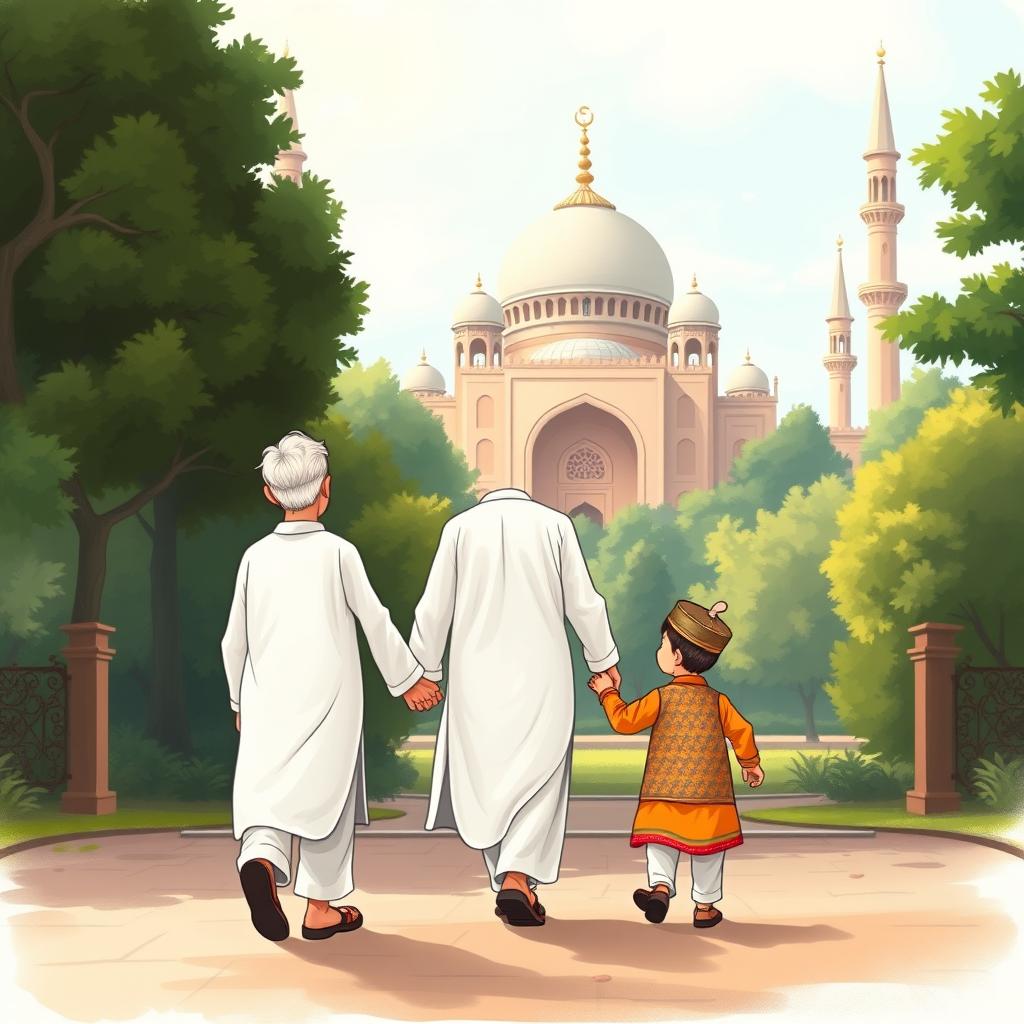 A charming cartoon illustration of a grandfather wearing a traditional white shalwar qameez, walking gracefully towards a mosque