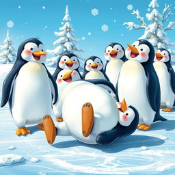 A whimsical and hilarious scene of a clumsy penguin trying to ice skate but slipping and falling on its belly, surrounded by other laughing penguins; a bright sunny day in a snowy landscape, with snowflakes gently falling and a vibrant blue sky