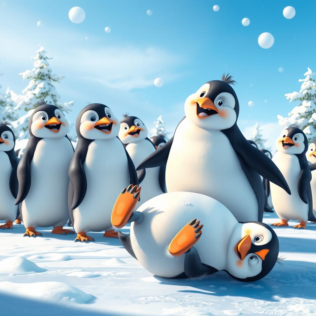 A whimsical and hilarious scene of a clumsy penguin trying to ice skate but slipping and falling on its belly, surrounded by other laughing penguins; a bright sunny day in a snowy landscape, with snowflakes gently falling and a vibrant blue sky