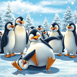 A whimsical and hilarious scene of a clumsy penguin trying to ice skate but slipping and falling on its belly, surrounded by other laughing penguins; a bright sunny day in a snowy landscape, with snowflakes gently falling and a vibrant blue sky