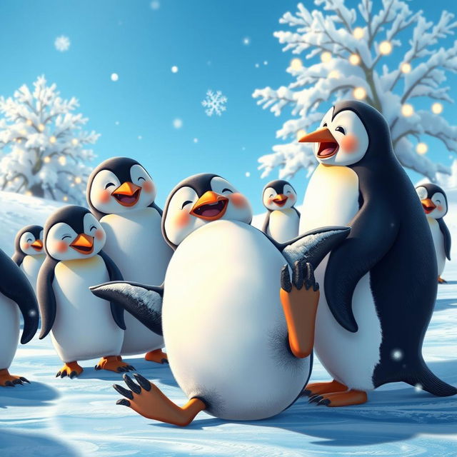 A whimsical and hilarious scene of a clumsy penguin trying to ice skate but slipping and falling on its belly, surrounded by other laughing penguins; a bright sunny day in a snowy landscape, with snowflakes gently falling and a vibrant blue sky