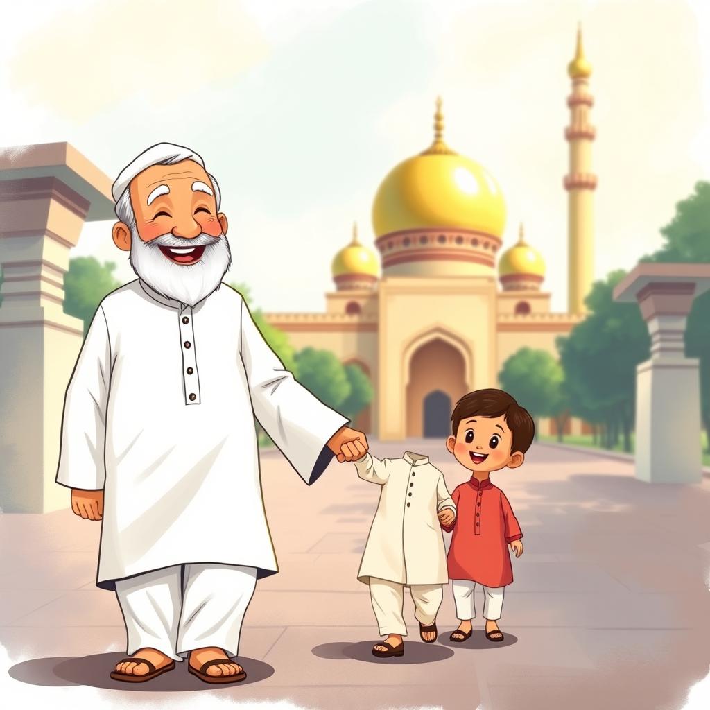 An illustrated scene depicting a cheerful grandfather wearing a white shalwar qameez, walking towards a mosque