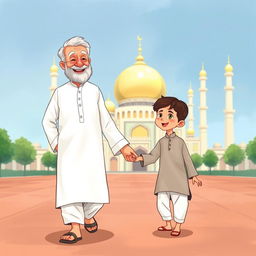 An illustrated scene depicting a cheerful grandfather wearing a white shalwar qameez, walking towards a mosque