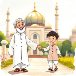 An illustrated scene depicting a cheerful grandfather wearing a white shalwar qameez, walking towards a mosque
