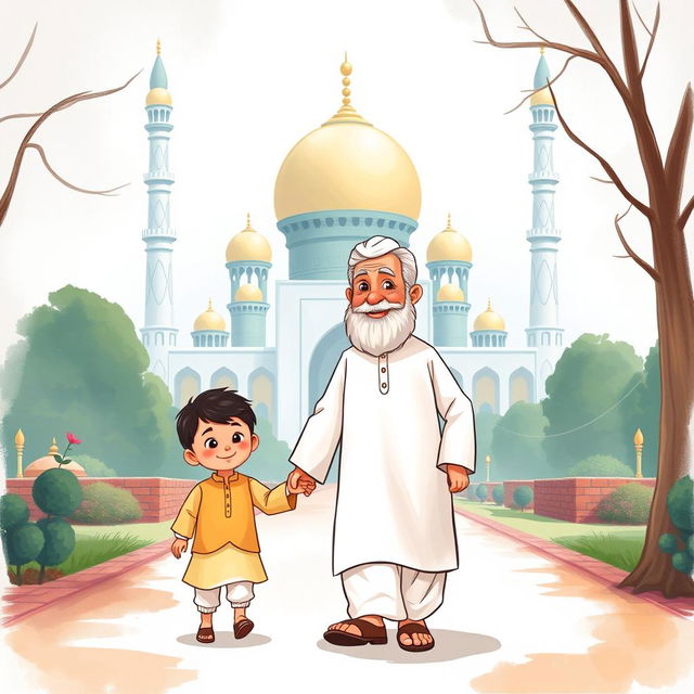 An illustrated scene depicting a cheerful grandfather wearing a white shalwar qameez, walking towards a mosque