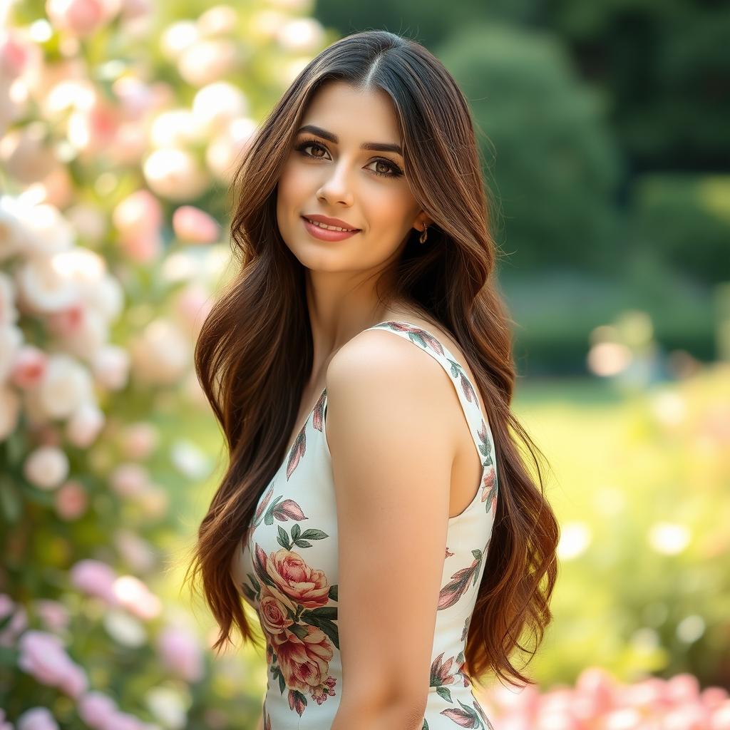 A portrait of an elegantly dressed woman with long, flowing hair cascading over her shoulders, tilting her head to face forward with a slight smile