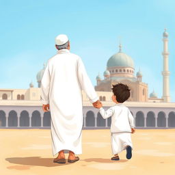 A charming illustration of a Muslim grandfather dressed in a flowing white shalwar qameez, walking towards a mosque