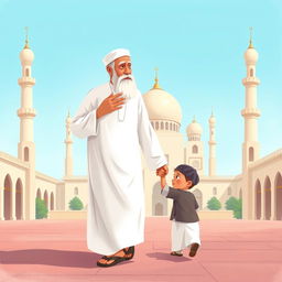 A charming illustration of a Muslim grandfather dressed in a flowing white shalwar qameez, walking towards a mosque