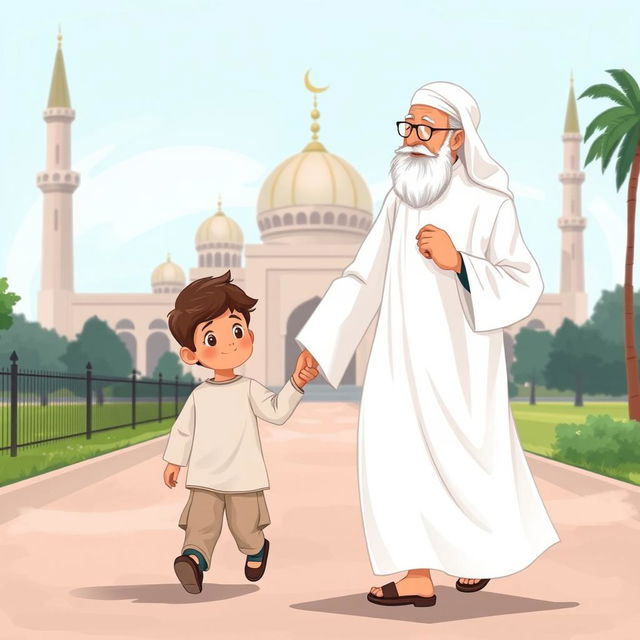 A charming illustration of a Muslim grandfather dressed in a flowing white shalwar qameez, walking towards a mosque