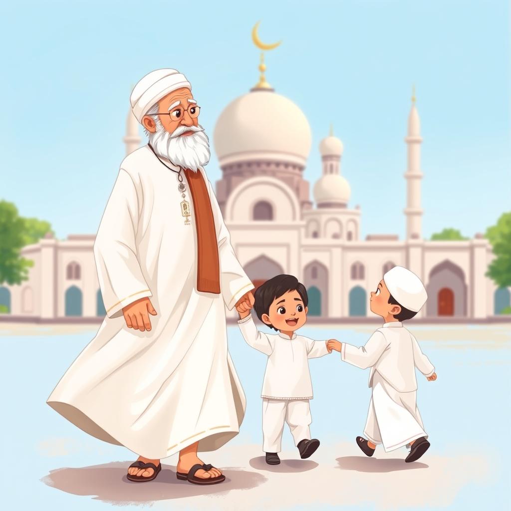 A charming illustration of a Muslim grandfather dressed in a flowing white shalwar qameez, walking towards a mosque