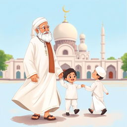 A charming illustration of a Muslim grandfather dressed in a flowing white shalwar qameez, walking towards a mosque