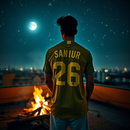 A young man showing his back while wearing a Brazil soccer jersey with the number 26 and the name 'Saniur' printed on it
