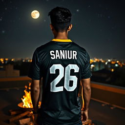 A young man showing his back while wearing a Brazil soccer jersey with the number 26 and the name 'Saniur' printed on it