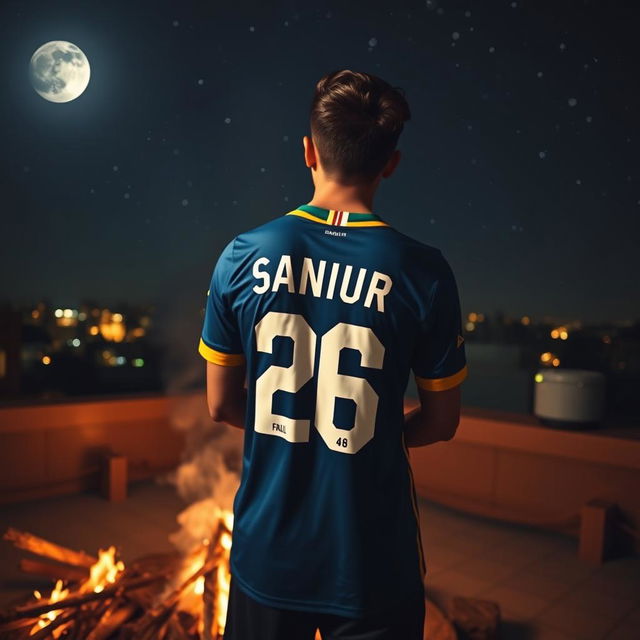 A young man showing his back while wearing a Brazil soccer jersey with the number 26 and the name 'Saniur' printed on it