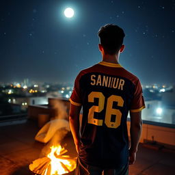 A young man showing his back while wearing a Brazil soccer jersey with the number 26 and the name 'Saniur' printed on it