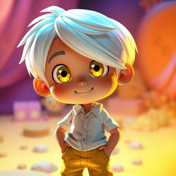 A cartoon boy with white hair covering one eye, bright yellow eyes, wearing a white shirt and yellow pants