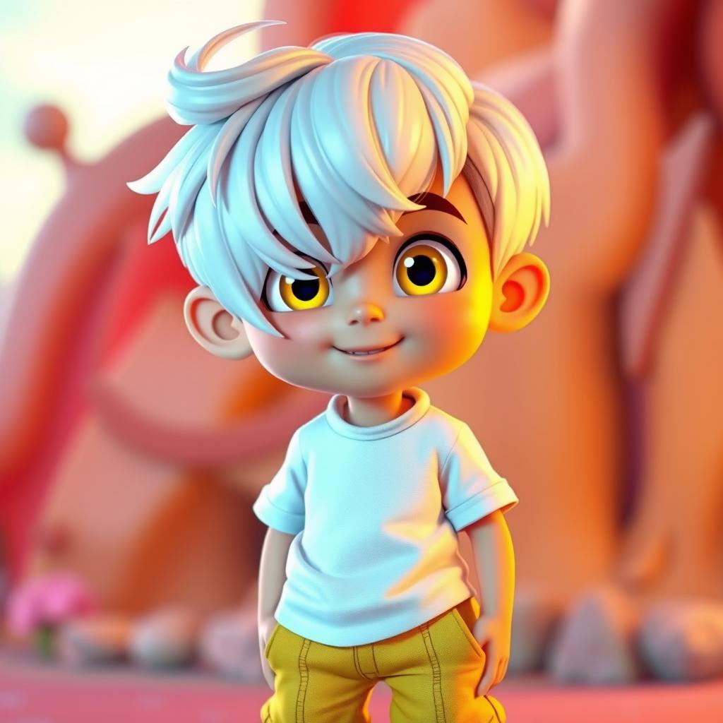 A cartoon boy with white hair covering one eye, bright yellow eyes, wearing a white shirt and yellow pants