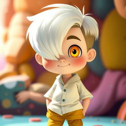 A cartoon boy with white hair covering one eye, bright yellow eyes, wearing a white shirt and yellow pants