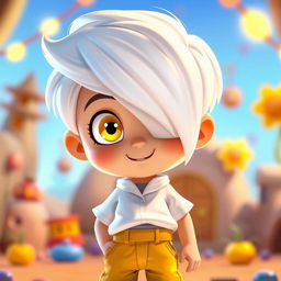 A cartoon boy with white hair covering one eye, bright yellow eyes, wearing a white shirt and yellow pants