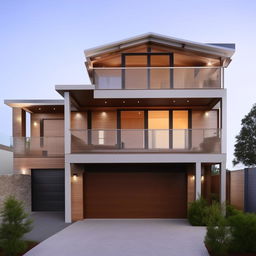 Create an image of a striking three-story building on a 60ft x 30ft plot. The building features a beautifully designed right-sided garage which includes an interior staircase.