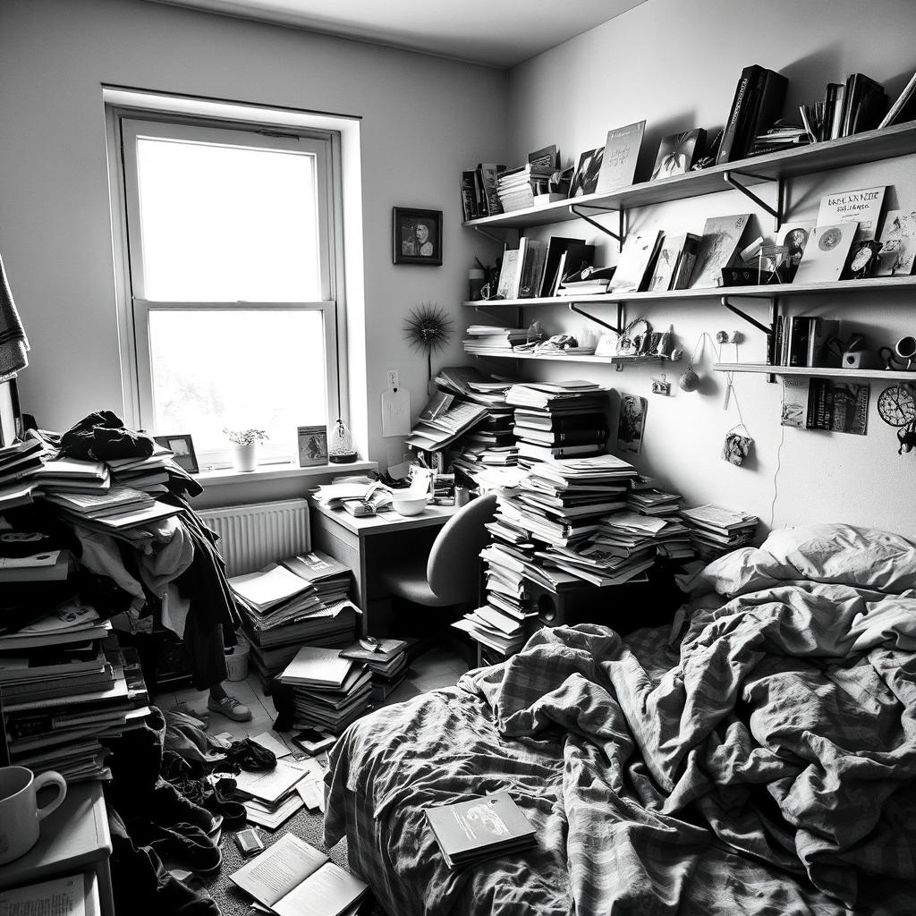 A black and white photograph of a messy room, featuring scattered clothes, books piled up haphazardly, and a disheveled bed with crumpled sheets