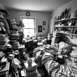 A black and white photograph of a messy room, featuring scattered clothes, books piled up haphazardly, and a disheveled bed with crumpled sheets