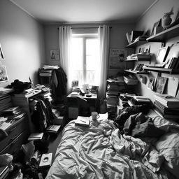 A black and white photograph of a messy room, featuring scattered clothes, books piled up haphazardly, and a disheveled bed with crumpled sheets