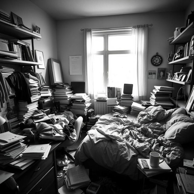 A black and white photograph of a messy room, featuring scattered clothes, books piled up haphazardly, and a disheveled bed with crumpled sheets