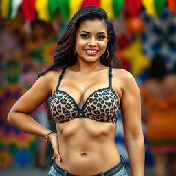 A 20-year-old Salvadoran woman, wearing a leopard print bra, showcasing her curves and confidence with a playful and bold expression