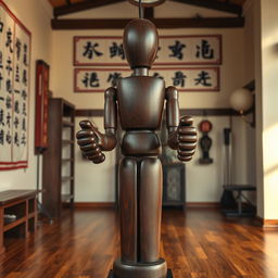 A Wing Chun wooden dummy displayed in a traditional martial arts studio