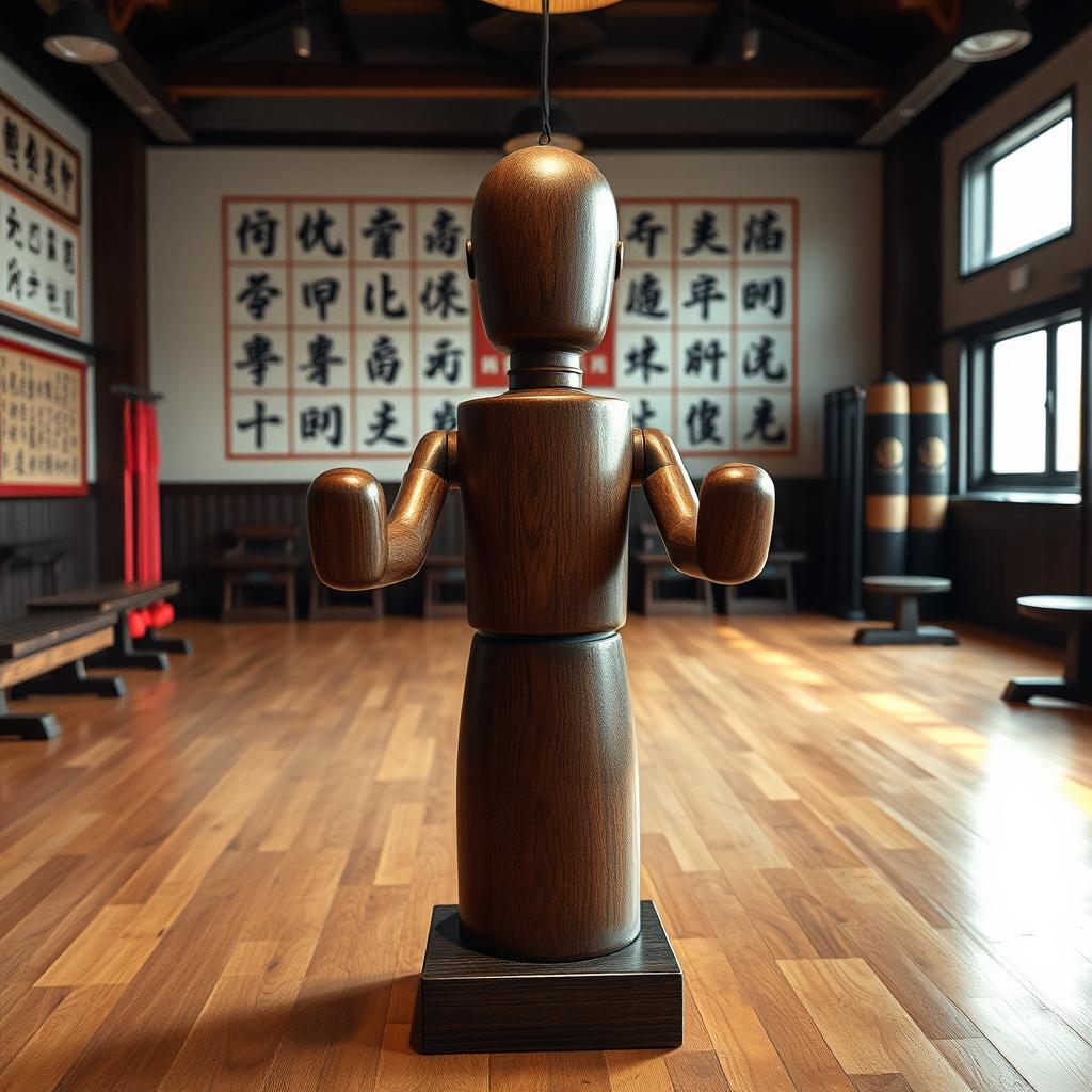 A Wing Chun wooden dummy displayed in a traditional martial arts studio