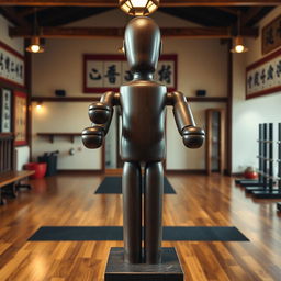 A Wing Chun wooden dummy displayed in a traditional martial arts studio